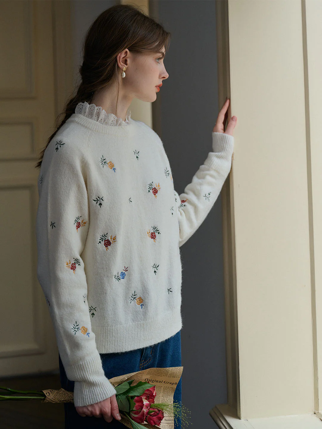 Floral Embroidery Raglan Sleeve Sweater
