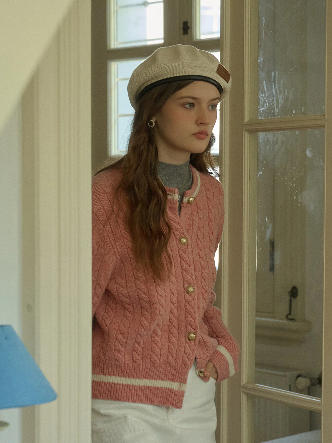 Logo Embroidery Crew Neck Contrast Striped 100% Wool Cardigan