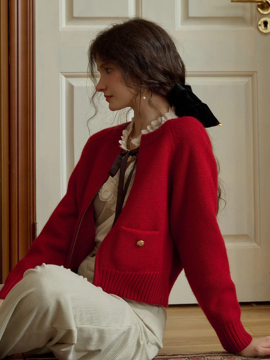 Classic Ribbed Crew Neck Pocket 100% Wool Cardigan-Pink