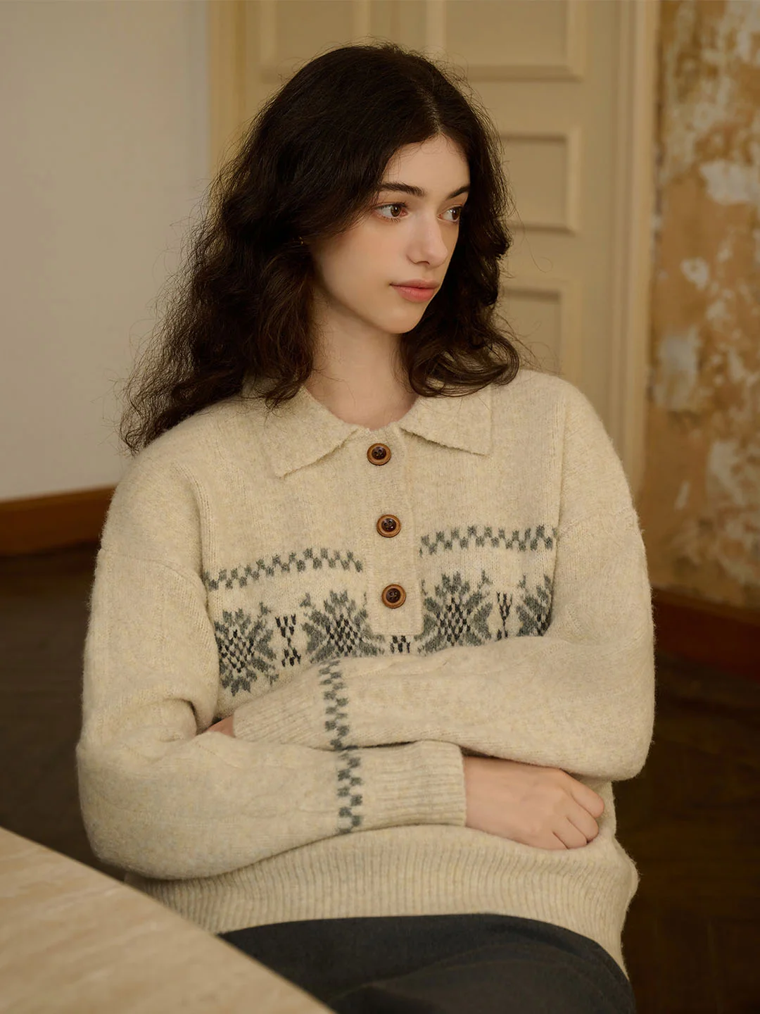 Snowflake Jacquard Polo Fair Isle Knit Sweater