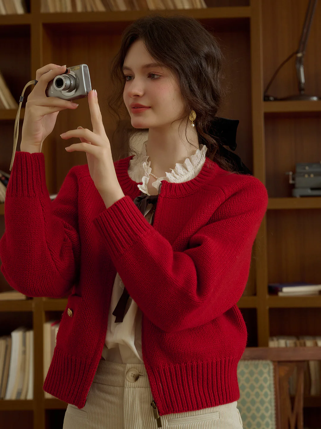 Classic Ribbed Crew Neck Pocket 100% Wool Cardigan-Pink