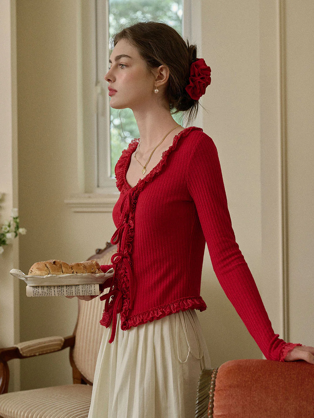 U-neck Bow Lace Patchwork Knitted Cardigan