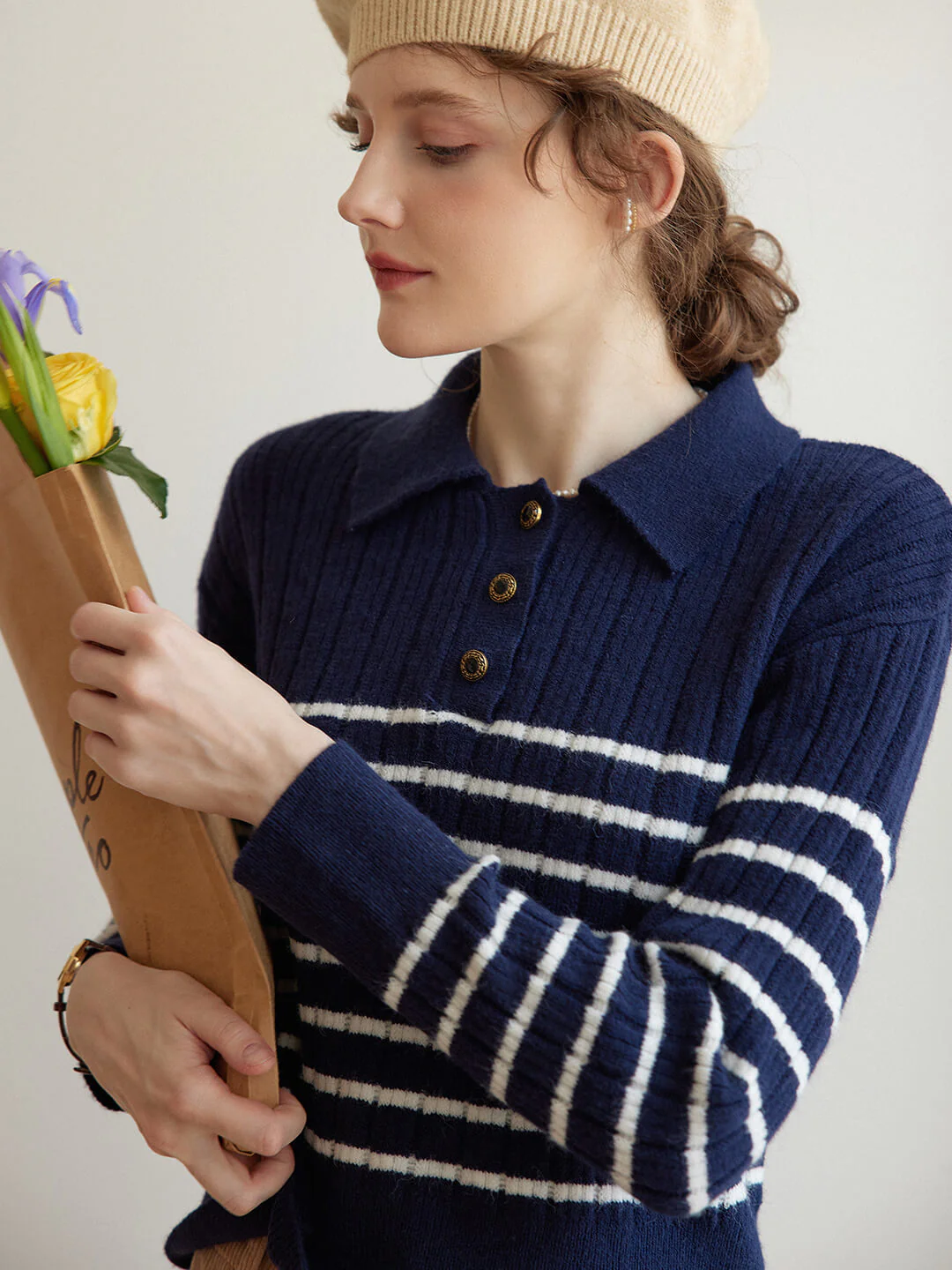 Striped Blue Polo Knit Top