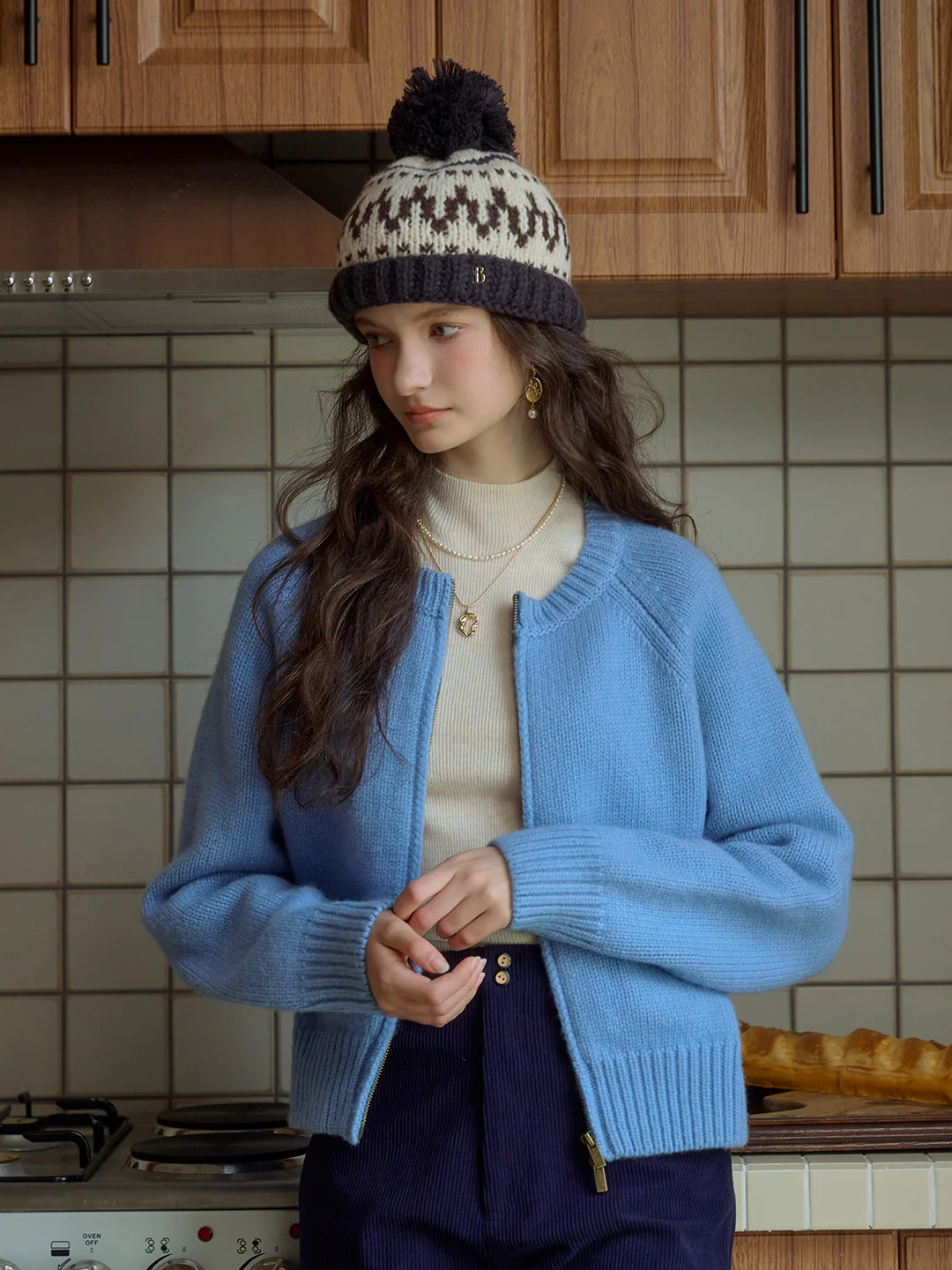 Classic Ribbed Crew Neck Pocket 100% Wool Cardigan-Pink