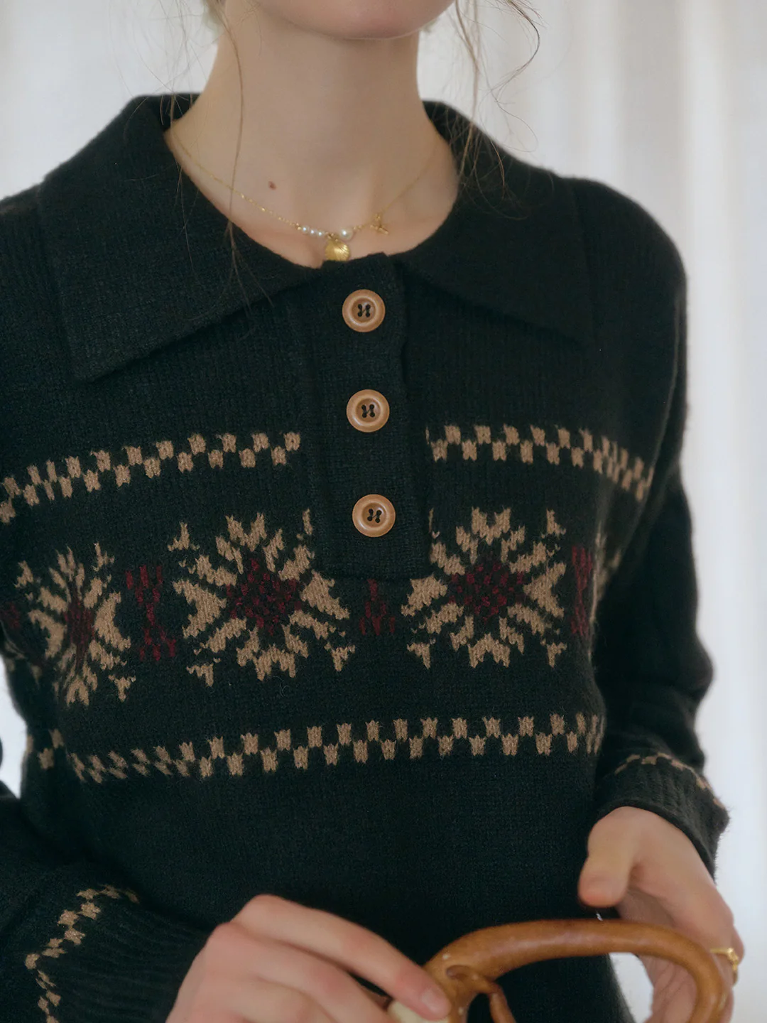 Snowflake Jacquard Polo Fair Isle Knit Sweater