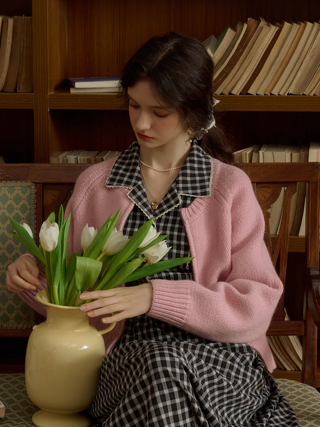 Classic Ribbed Crew Neck Pocket 100% Wool Cardigan-Pink