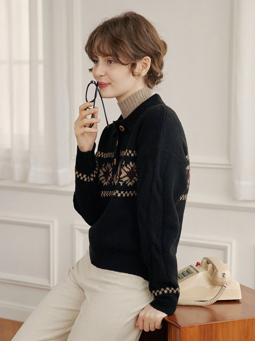 Snowflake Jacquard Polo Fair Isle Knit Sweater