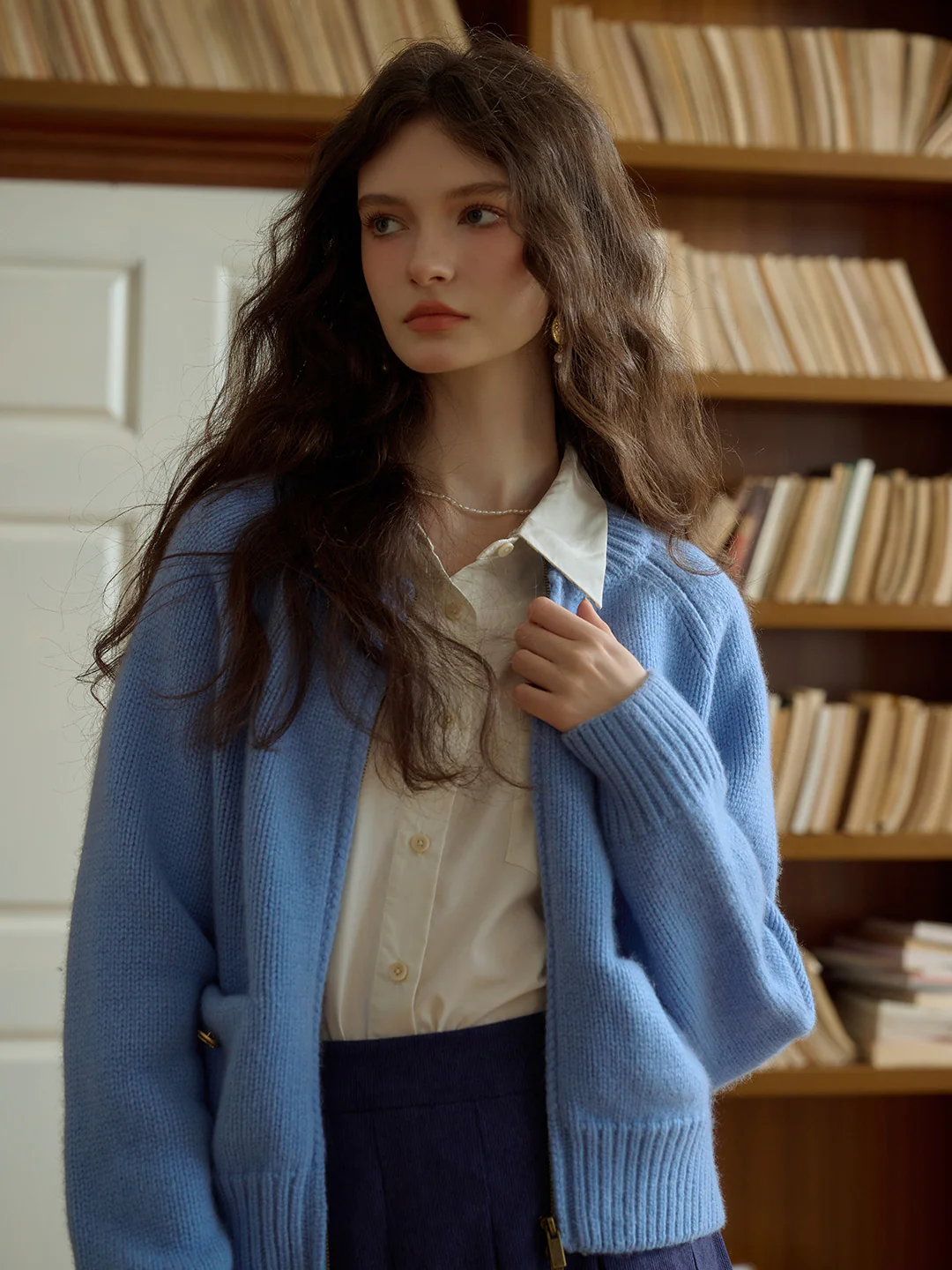 Classic Ribbed Crew Neck Pocket 100% Wool Cardigan-Pink