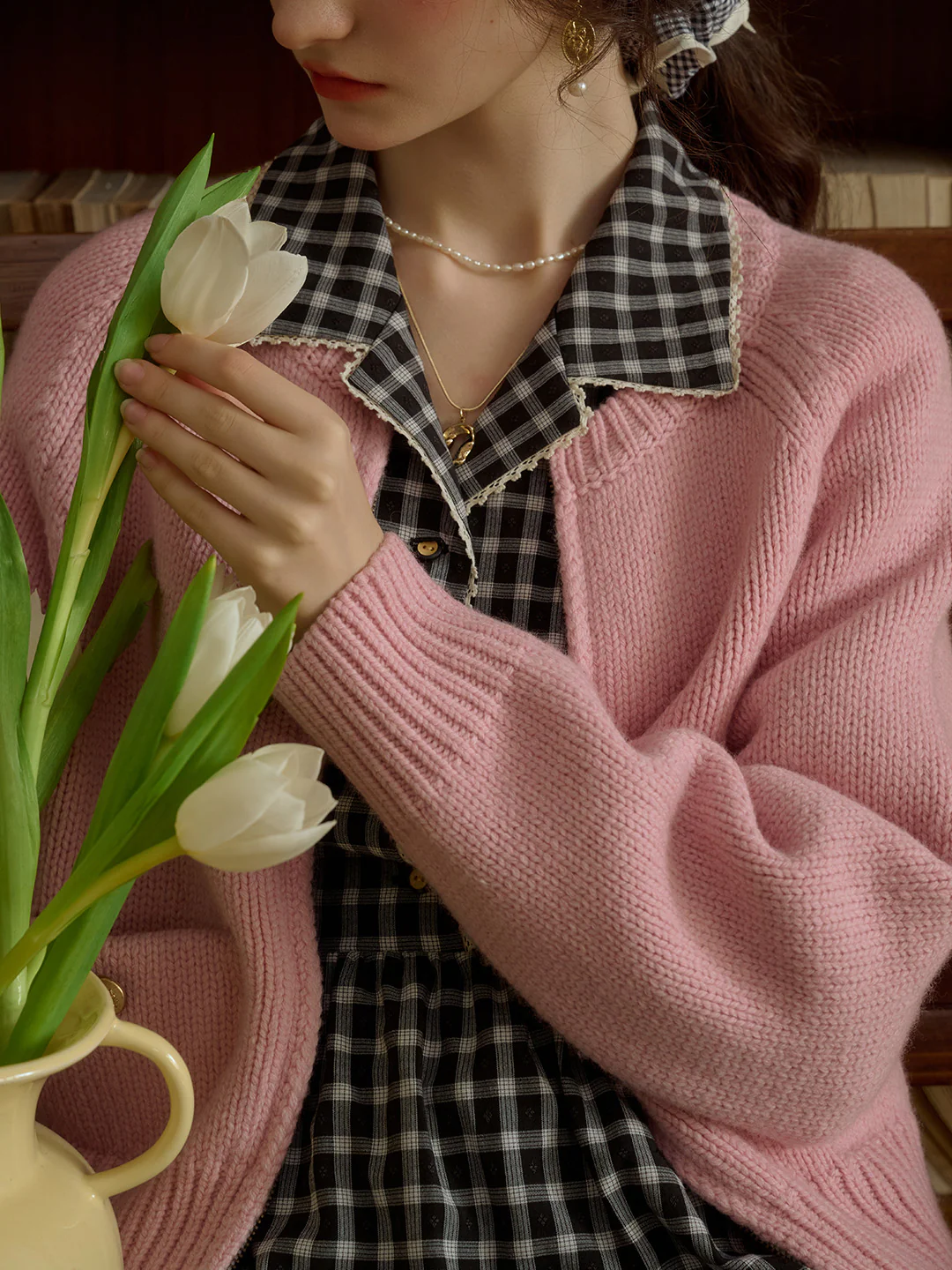Classic Ribbed Crew Neck Pocket 100% Wool Cardigan-Pink