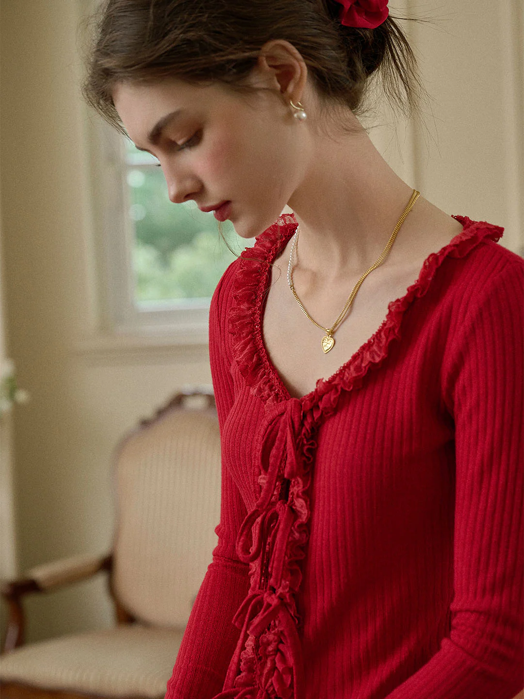 U-neck Bow Lace Patchwork Knitted Cardigan