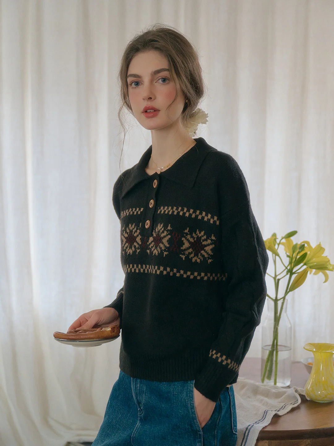 Snowflake Jacquard Polo Fair Isle Knit Sweater