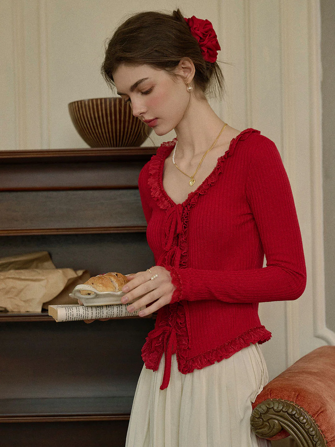 U-neck Bow Lace Patchwork Knitted Cardigan