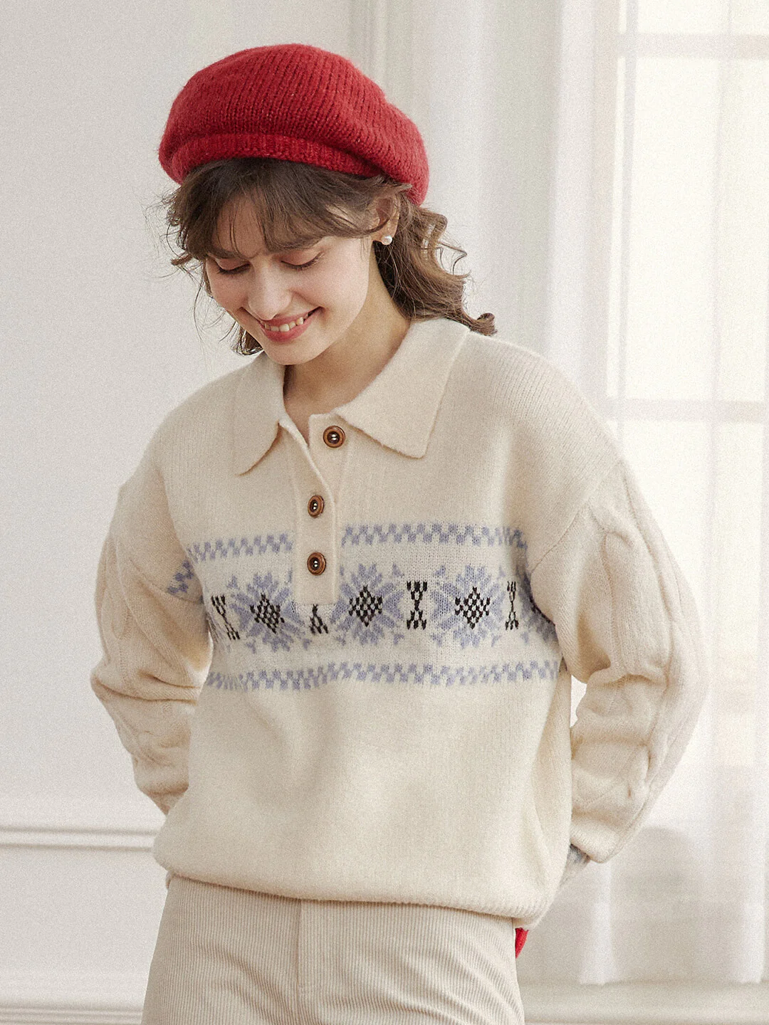 Snowflake Jacquard Polo Fair Isle Knit Sweater