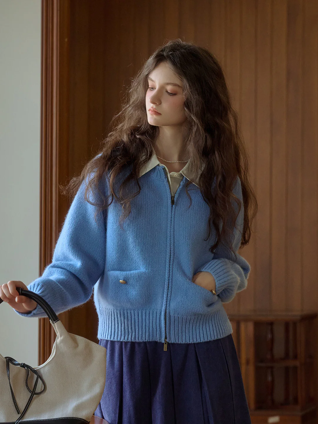 Classic Ribbed Crew Neck Pocket 100% Wool Cardigan-Pink