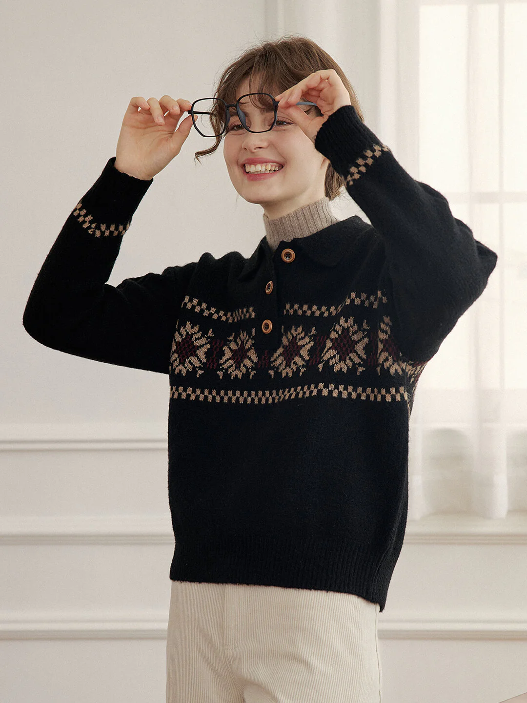 Snowflake Jacquard Polo Fair Isle Knit Sweater