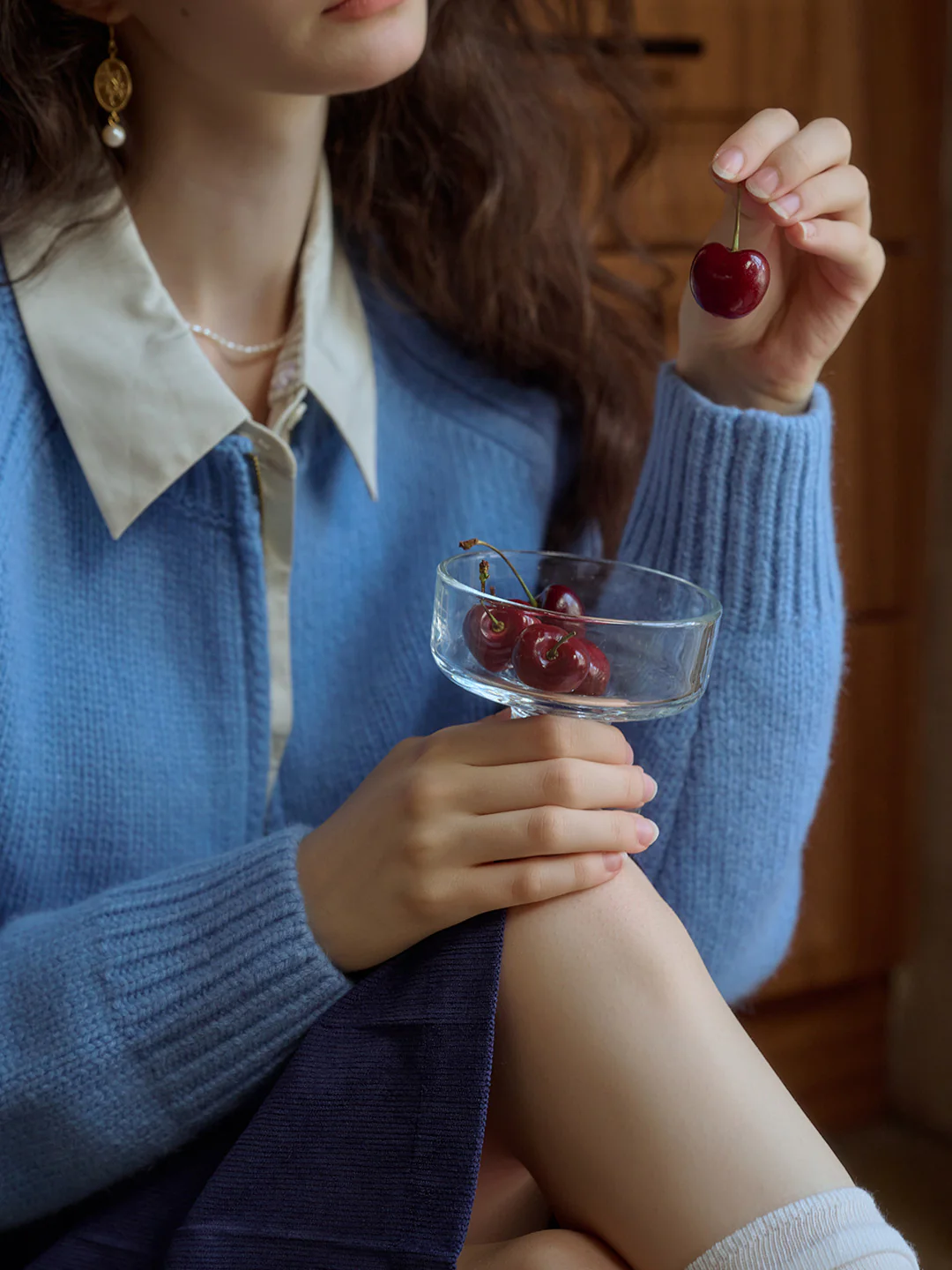 Classic Ribbed Crew Neck Pocket 100% Wool Cardigan-Pink