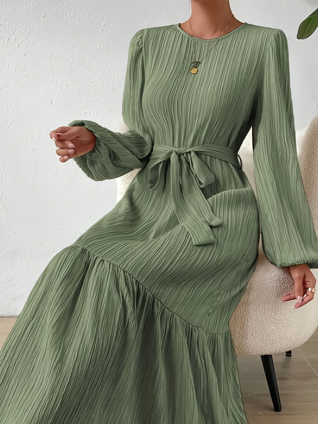 Long Sleeve Belted Maxi Dress, Ruffle Hem Casual Crew Neck Dress For Spring, Women's Clothing