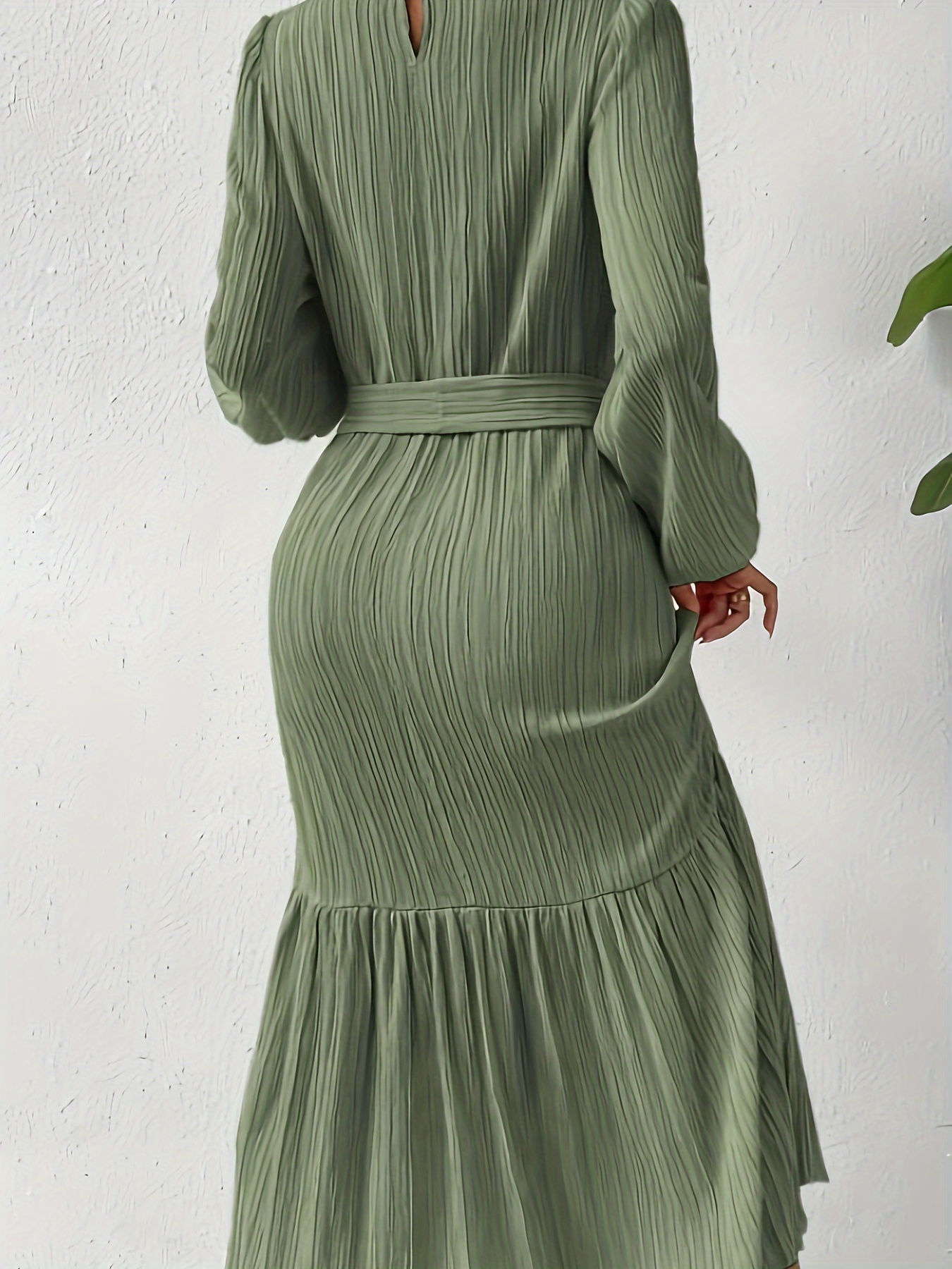 Long Sleeve Belted Maxi Dress, Ruffle Hem Casual Crew Neck Dress For Spring, Women's Clothing