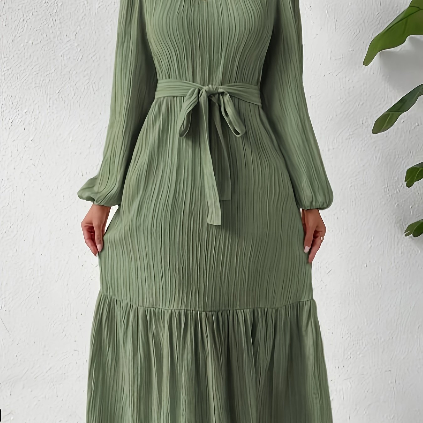 Long Sleeve Belted Maxi Dress, Ruffle Hem Casual Crew Neck Dress For Spring, Women's Clothing
