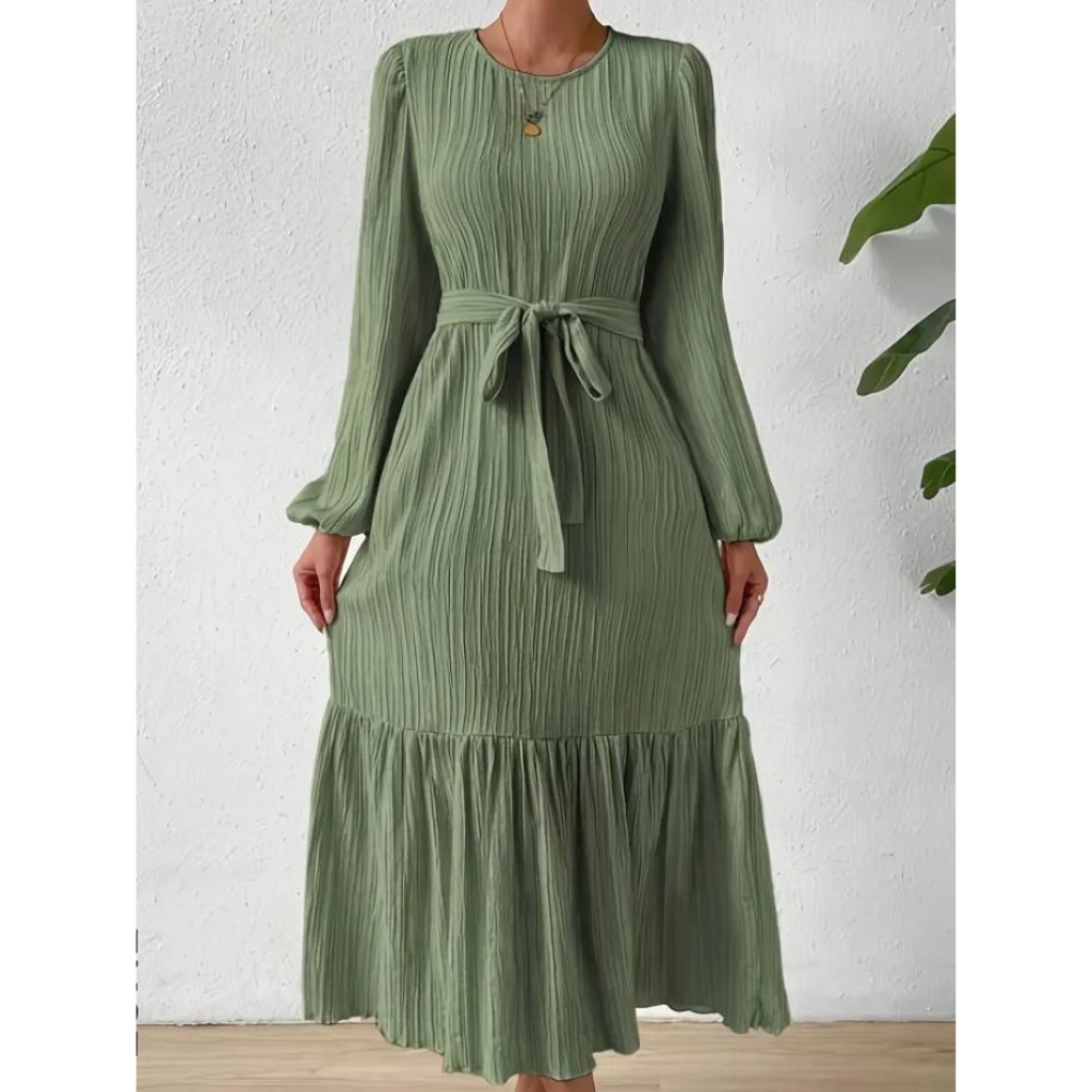 Long Sleeve Belted Maxi Dress, Ruffle Hem Casual Crew Neck Dress For Spring, Women's Clothing