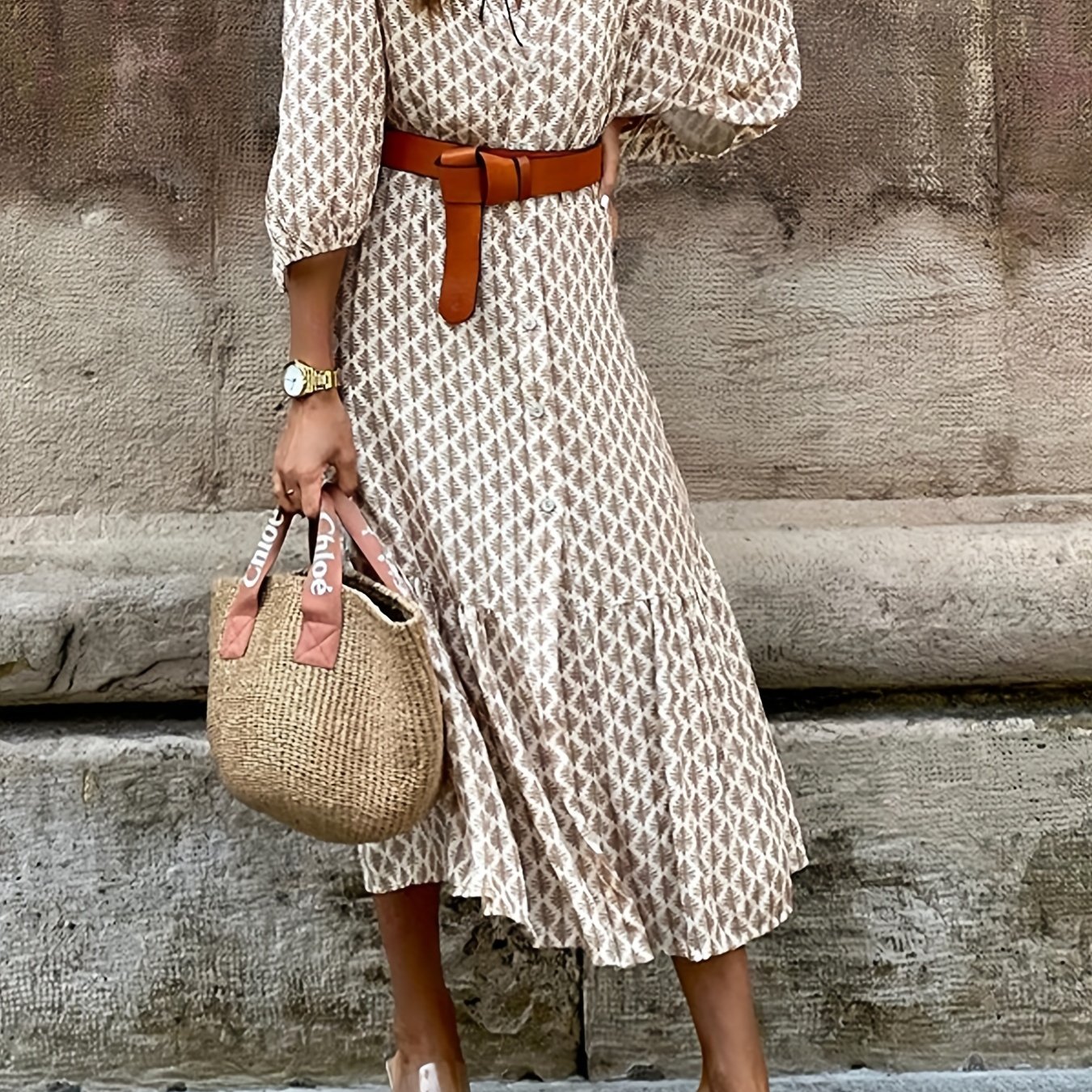 Plus Size Boho Dress, Women's Plus Allover Floral Print Lantern Sleeve V Neck Button Up Smock Shirt Dress