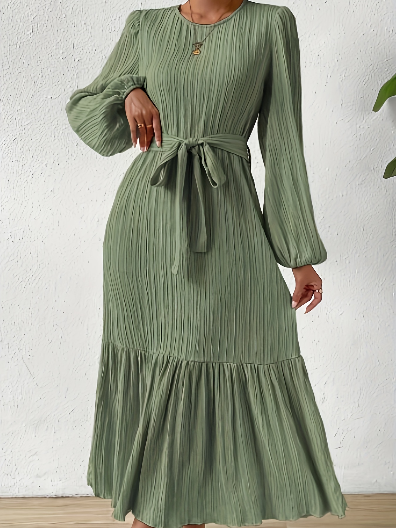 Long Sleeve Belted Maxi Dress, Ruffle Hem Casual Crew Neck Dress For Spring, Women's Clothing