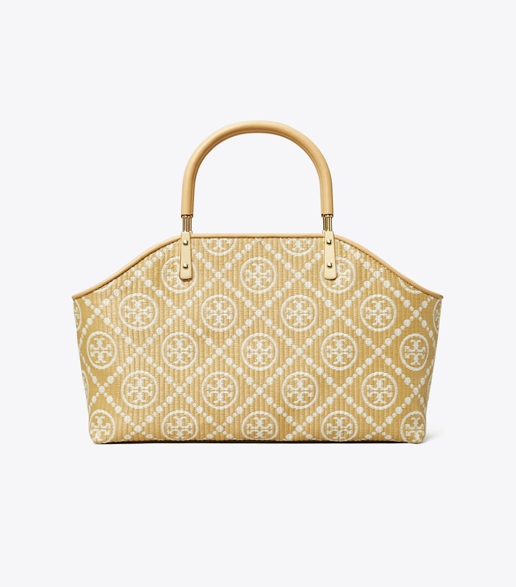 T MONOGRAM RAFFIA SMALL BASKET TOTE