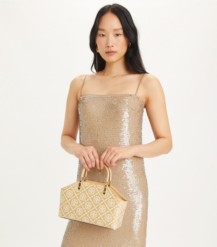 T MONOGRAM RAFFIA SMALL BASKET TOTE