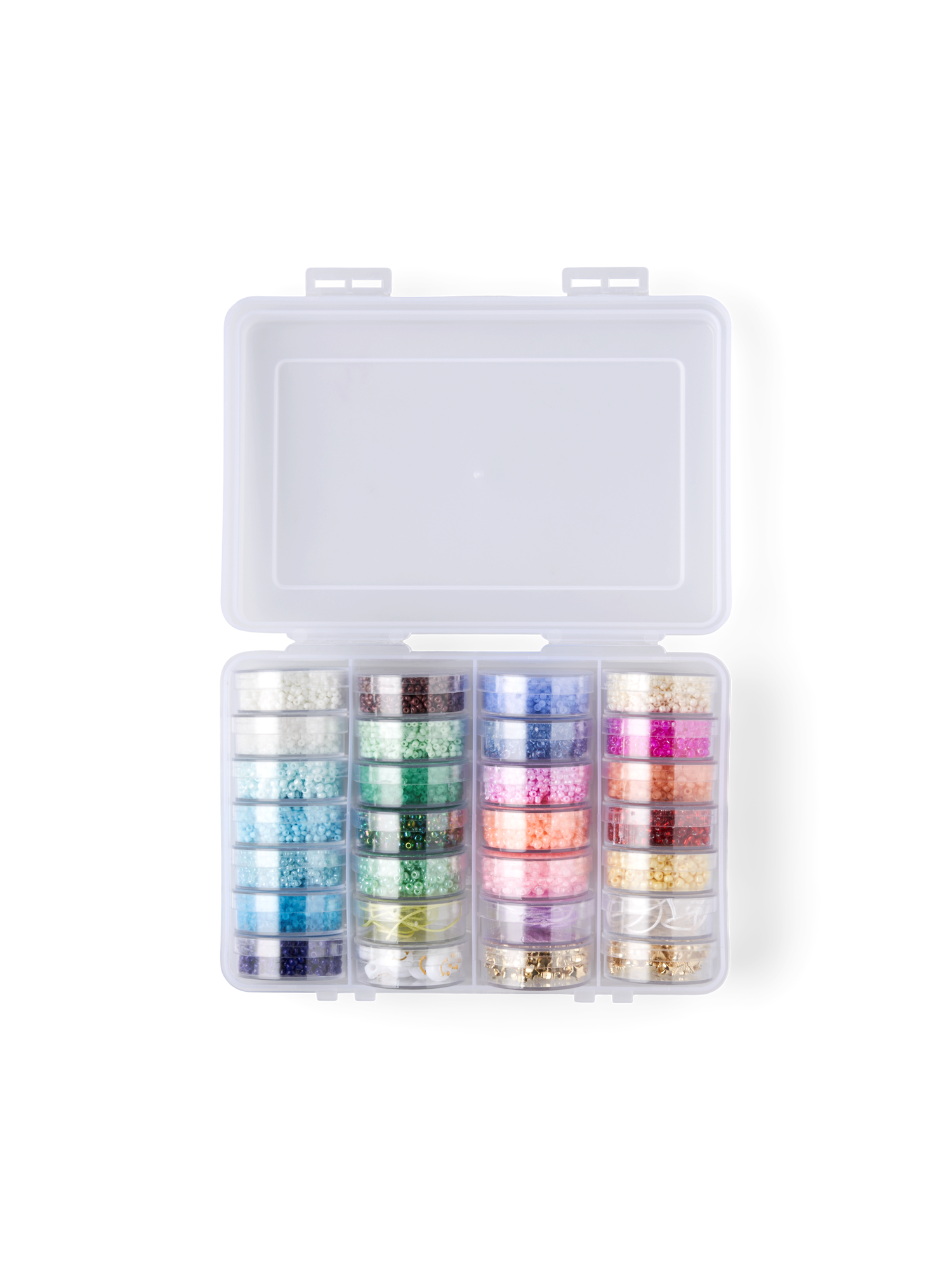 Assorted beads 22 colours. 3 x 1 m elastic string. 3 charms.