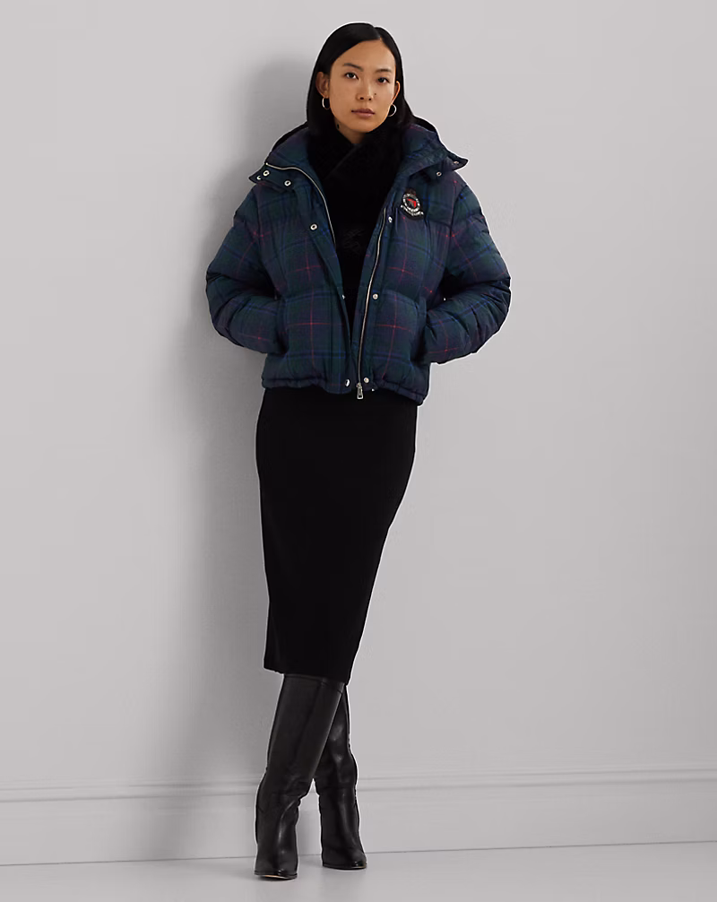 Plaid Beaded-Crest Down Coat