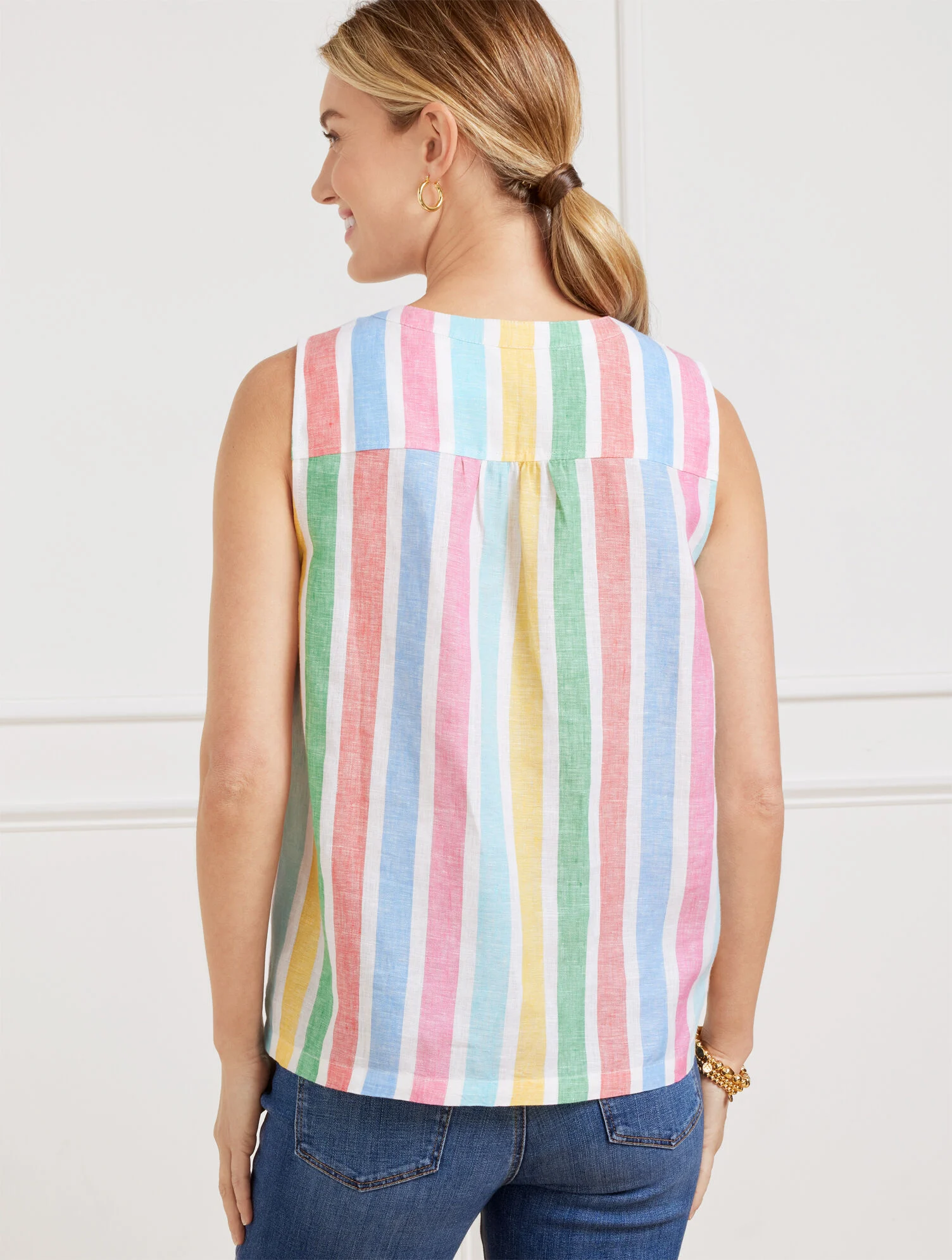 Linen Band Collar Shell - Prismatic Stripe