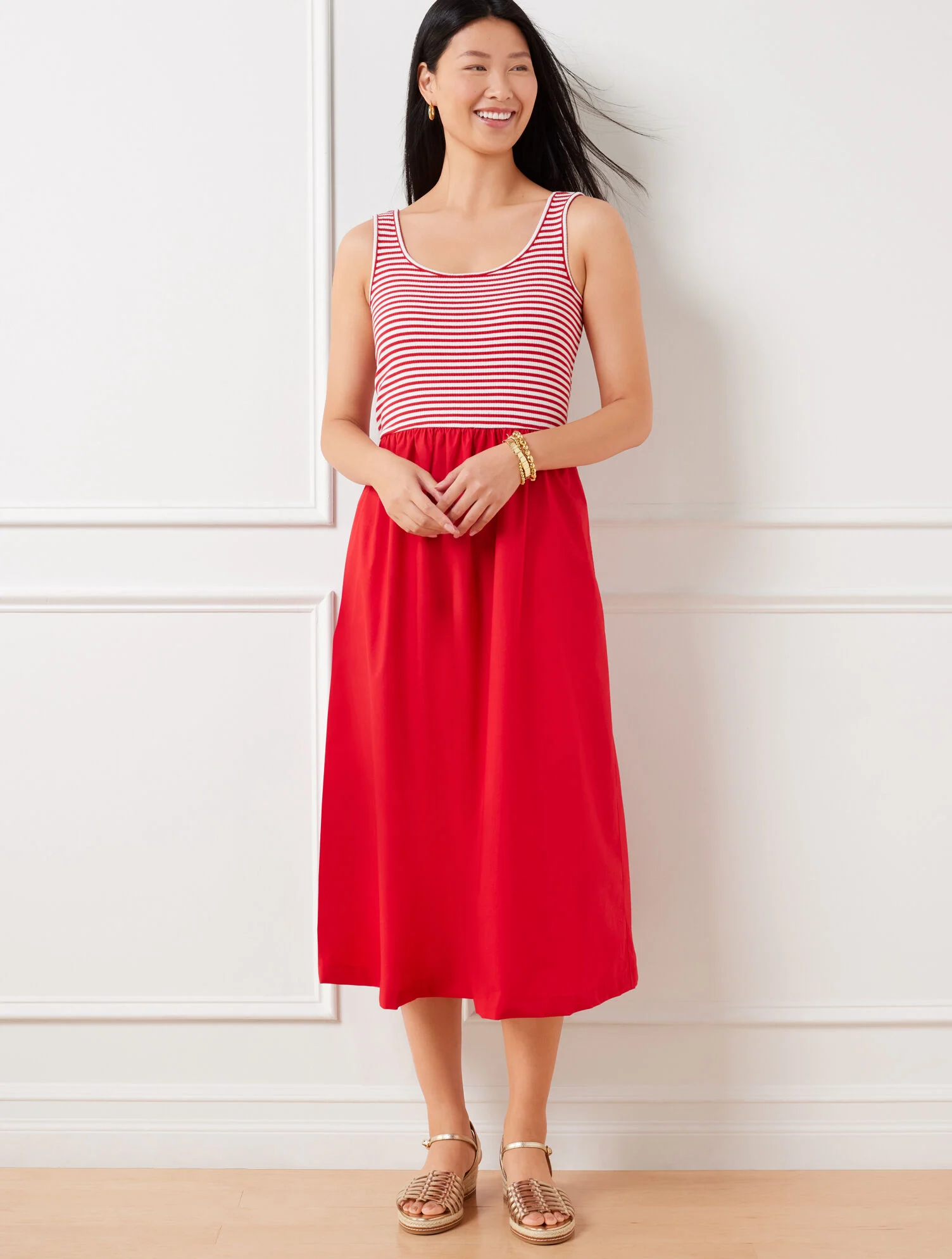 Mixed Media Poplin Midi Dress - Stripe