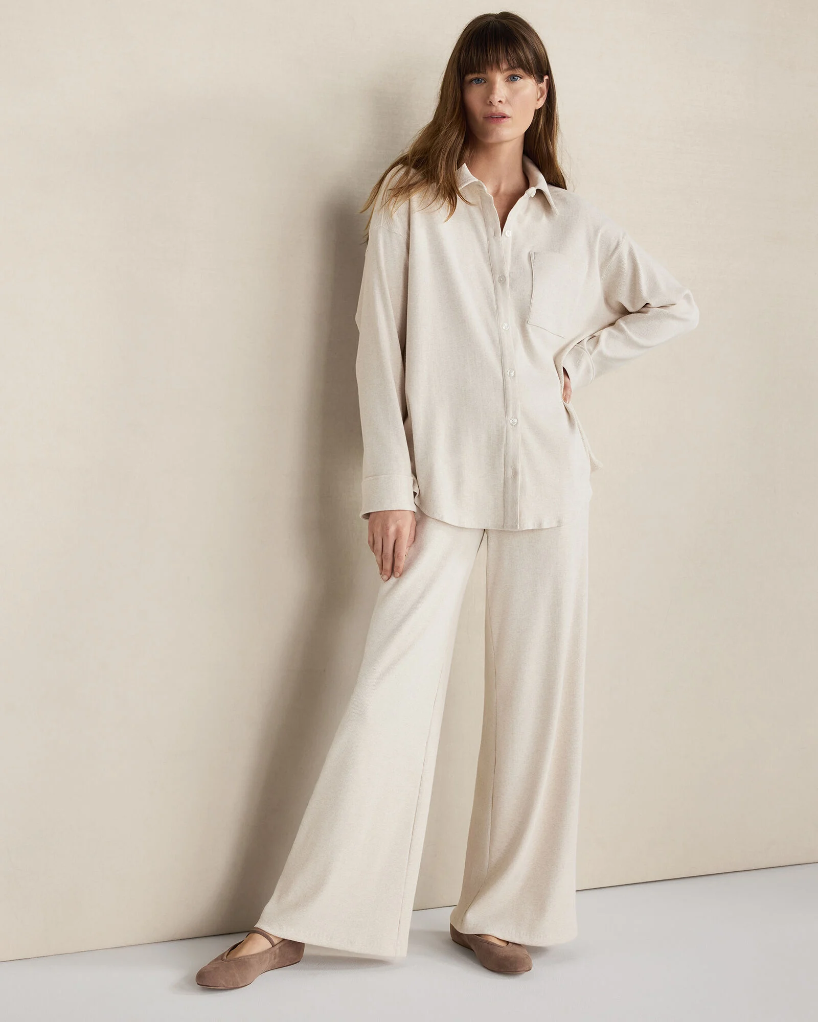 Organic Cotton Rib Knit Relaxed Wide Leg Pants
