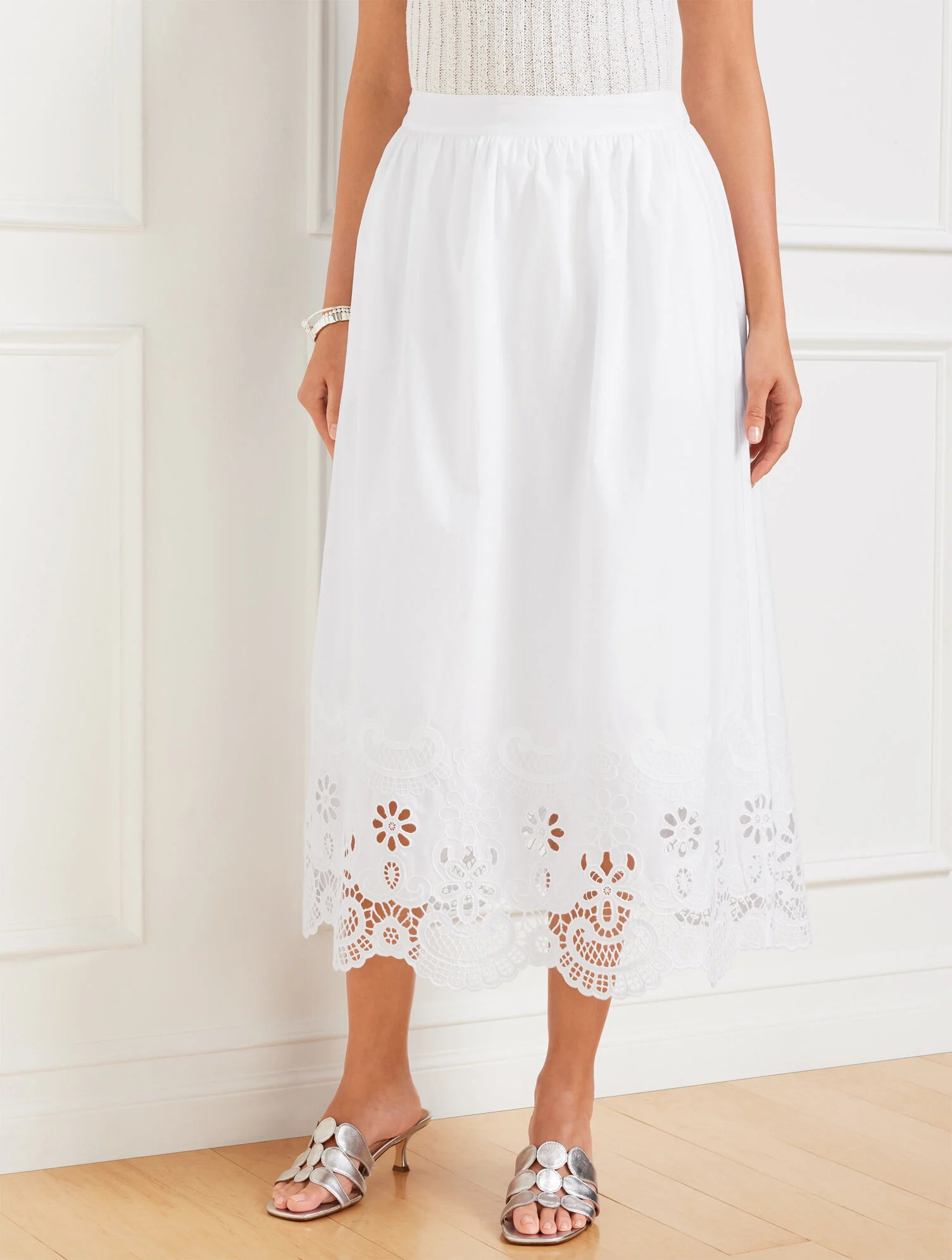 Embroidered Poplin Fit & Flare Midi Skirt