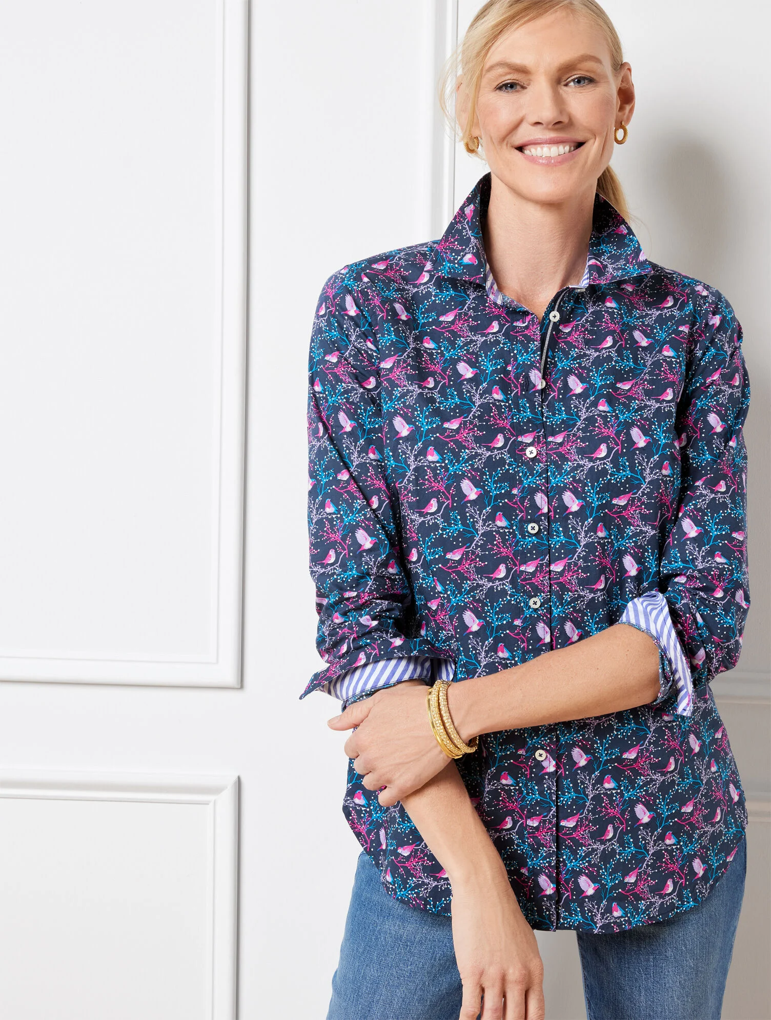 Cotton Button Front Shirt - Festive Cardinals