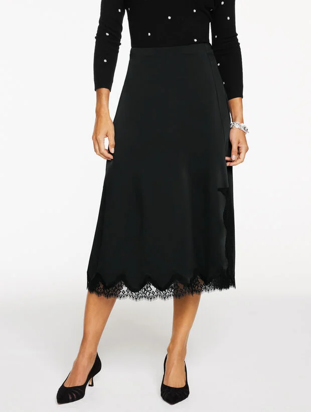 Lace Trim Satin Midi Skirt