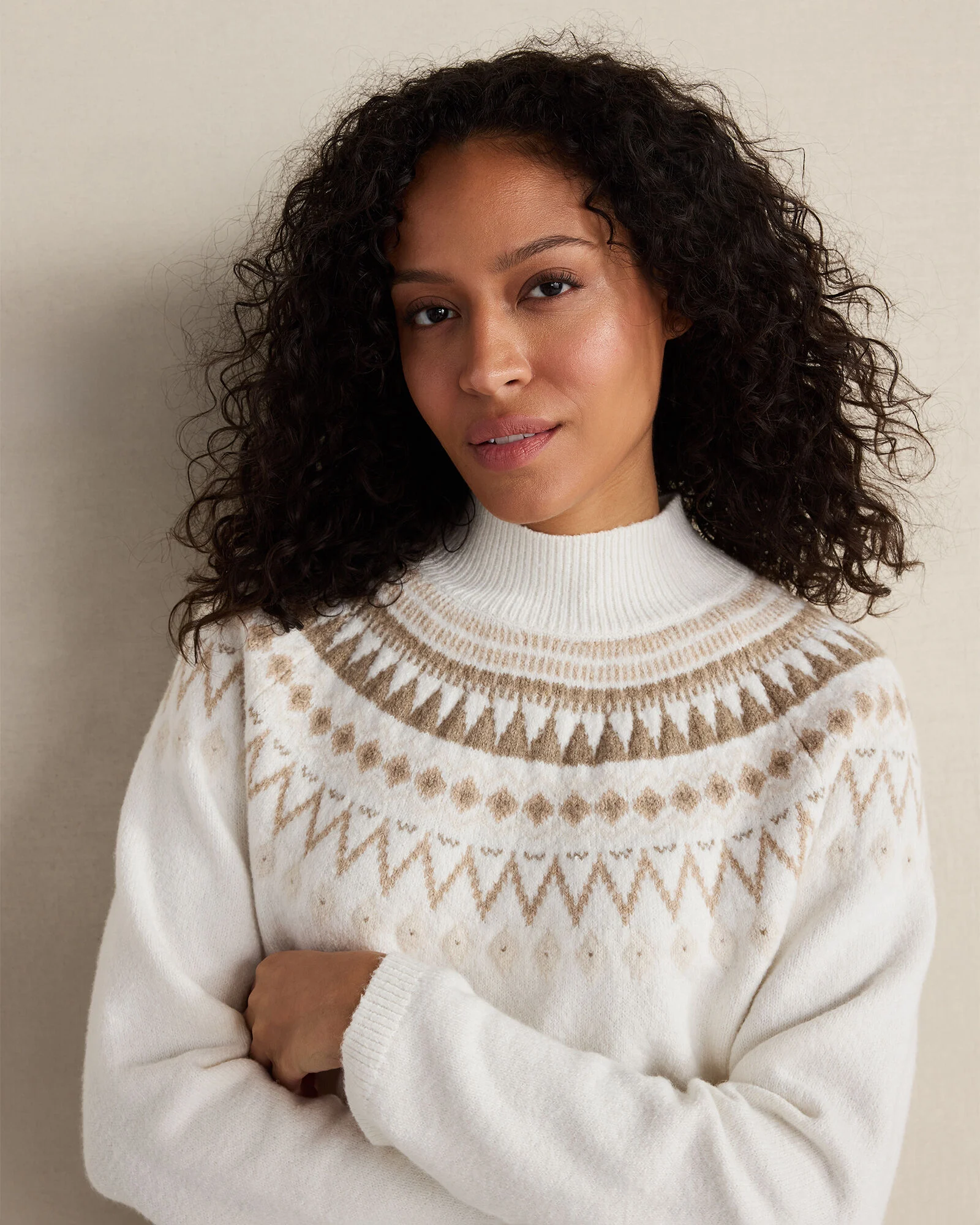 Organic Cotton Blend Fairisle Mock Neck Sweater