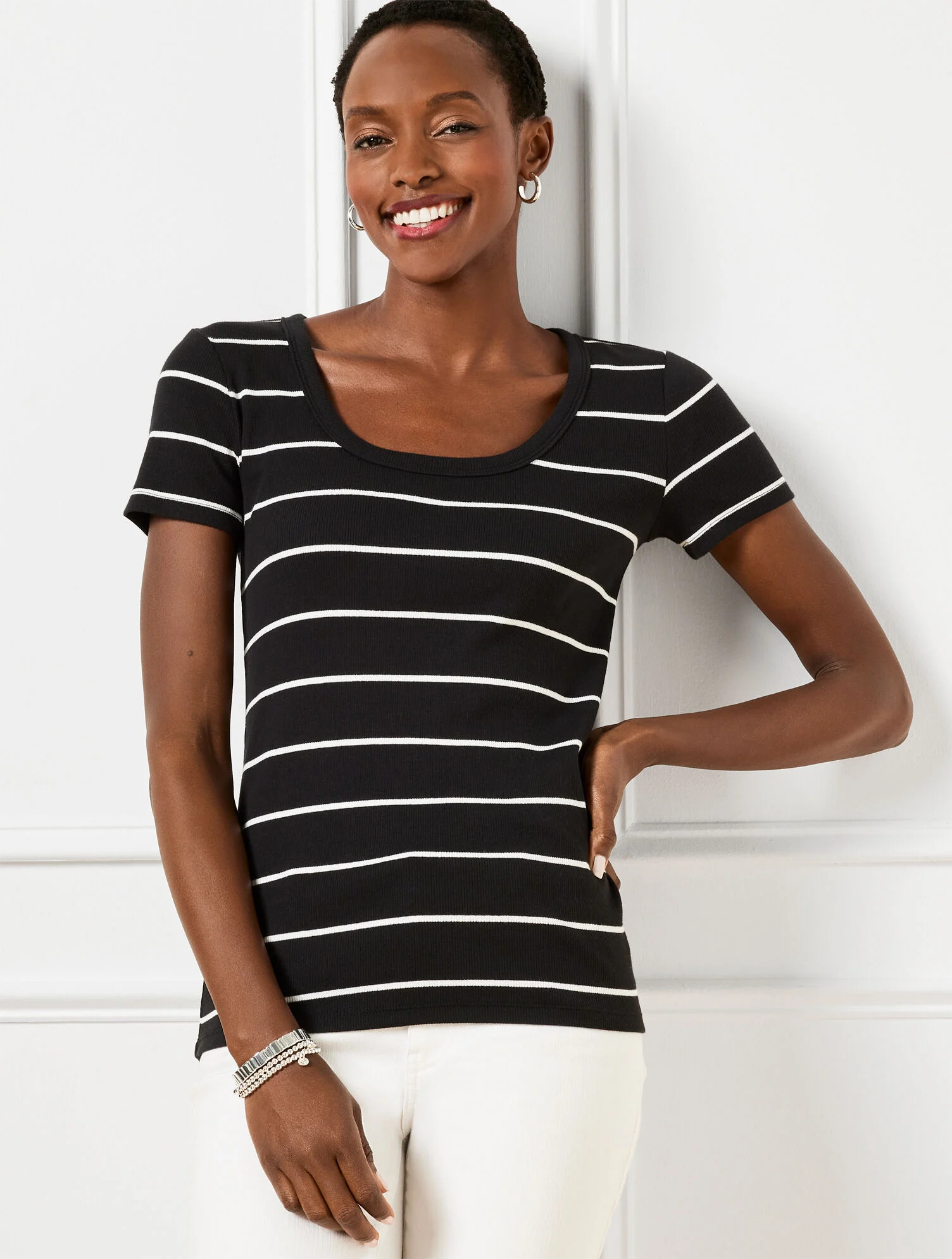 Ribbed Scoop Neck Tee - Lagoon Stripe