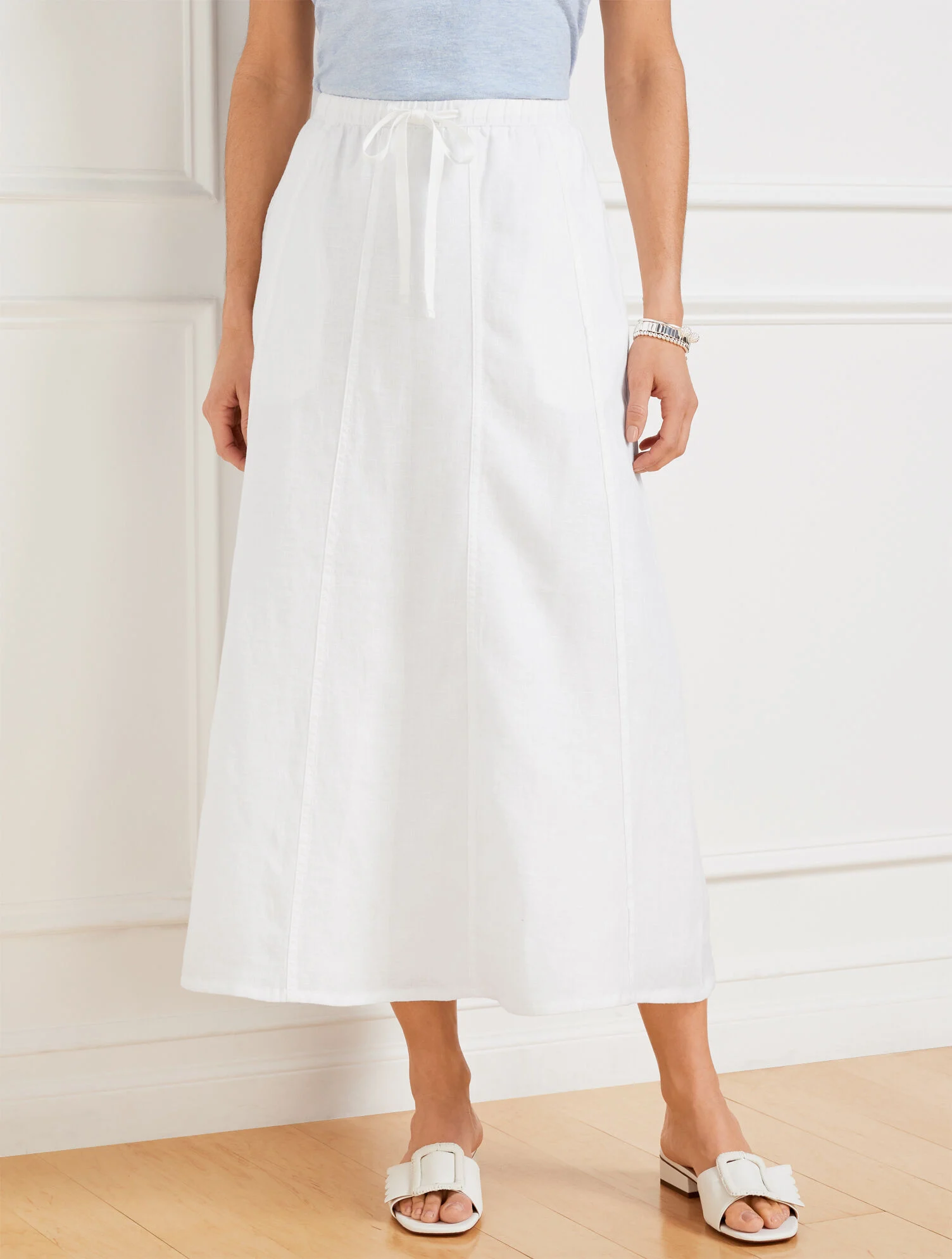 Linen Drawstring Midi Skirt - White