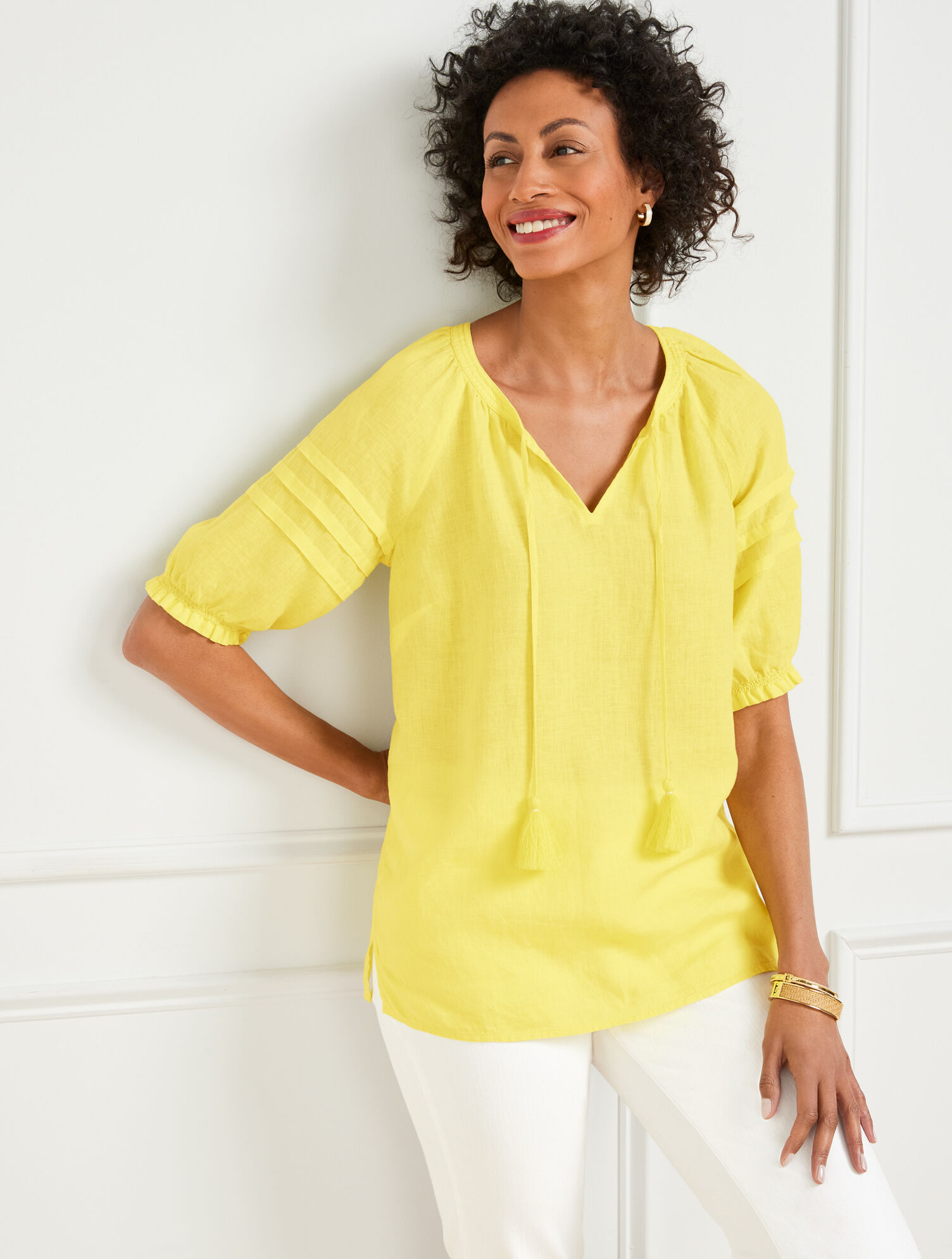 Pleated Sleeve Linen Top