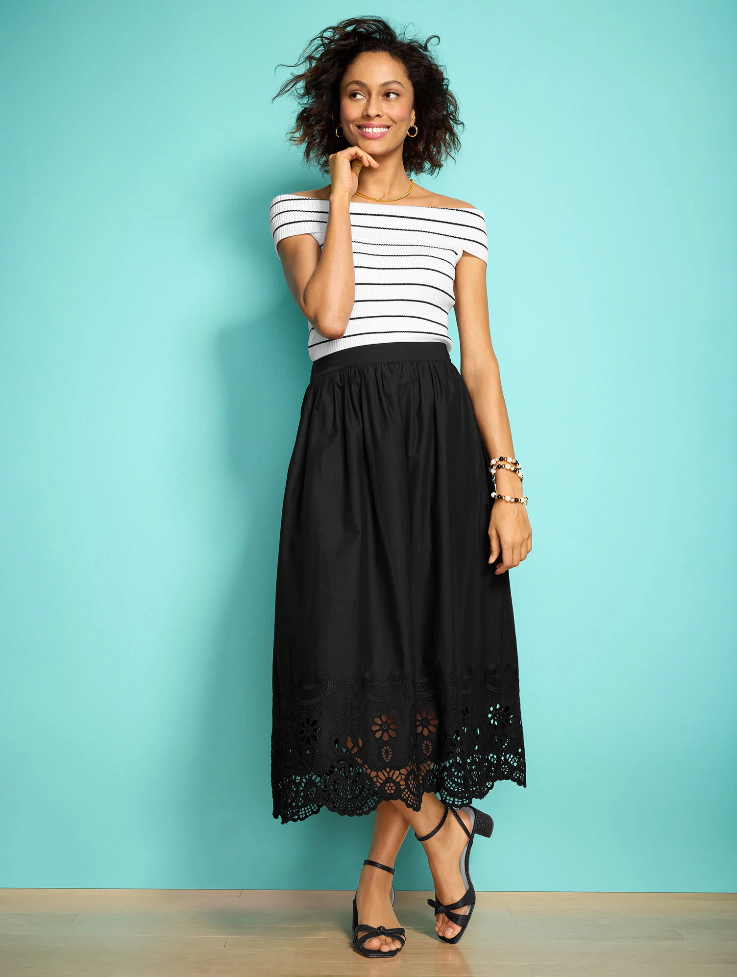Embroidered Poplin Fit & Flare Midi Skirt