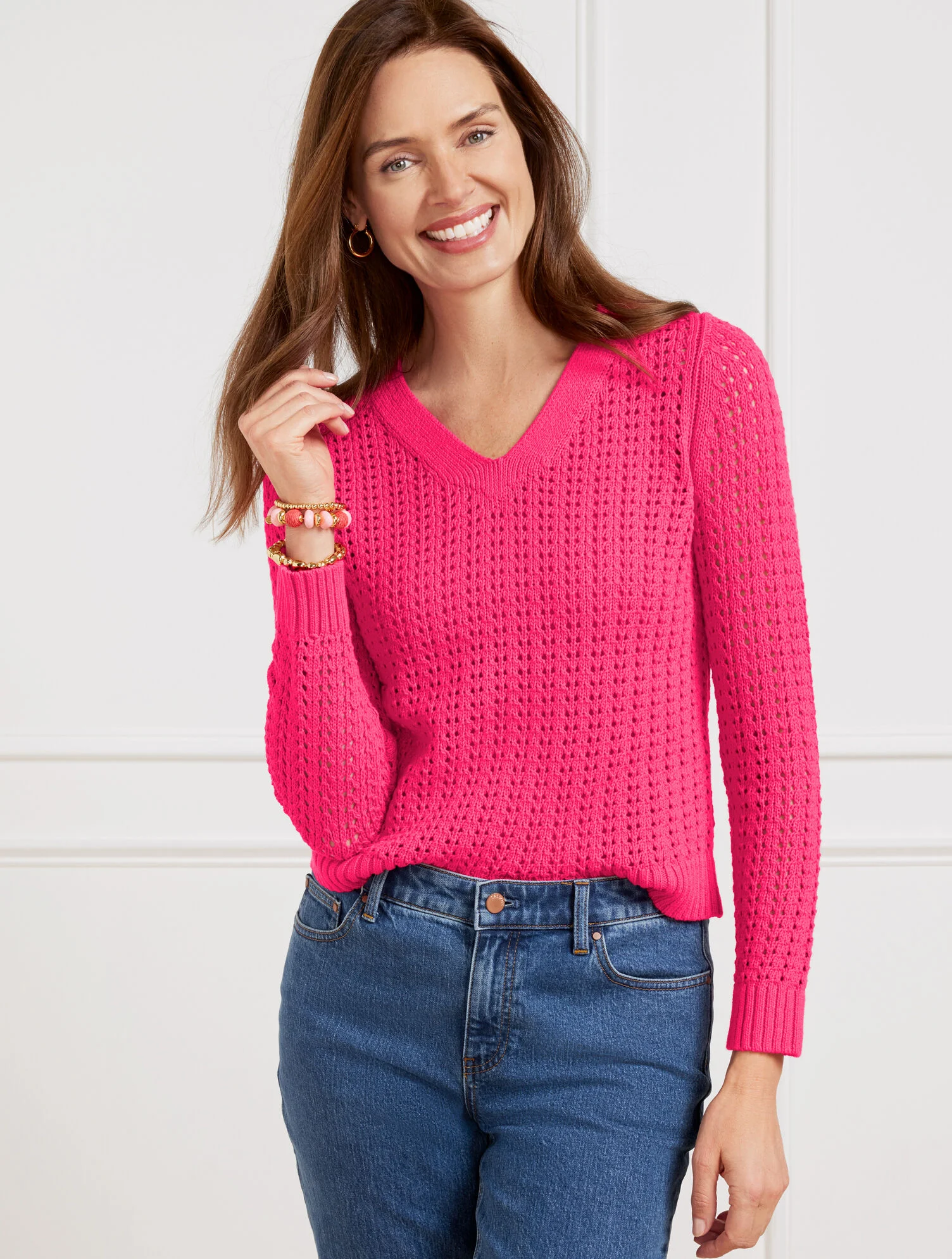 Open Stitch V-Neck Pullover