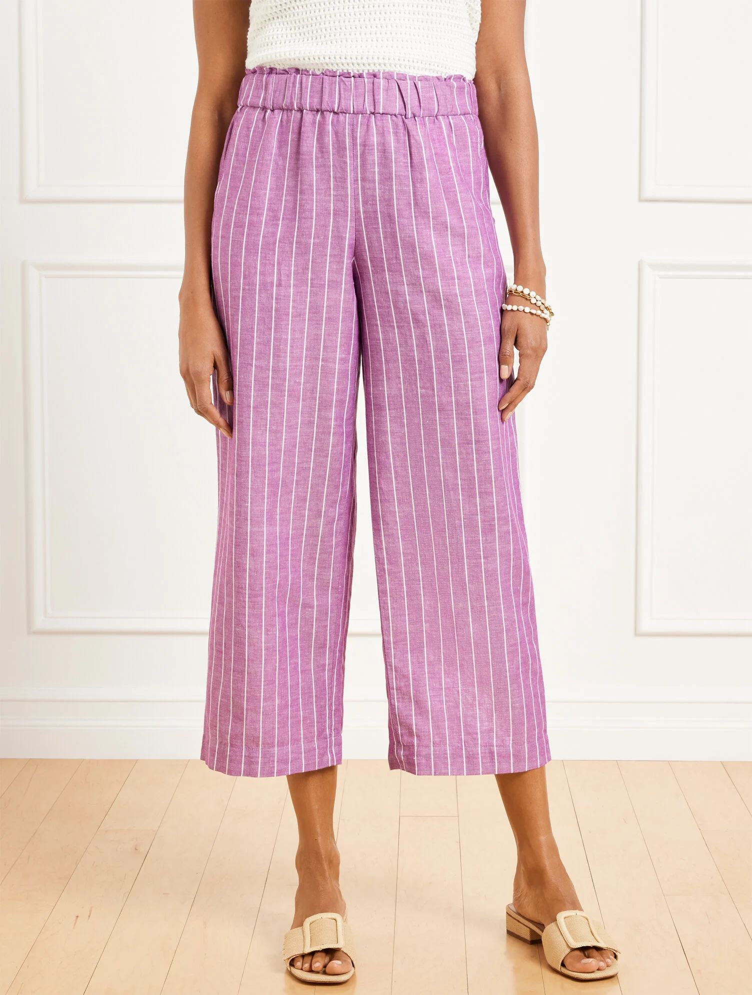 Wide Crop Washed Linen Pull-On Pants - Riviera Stripe