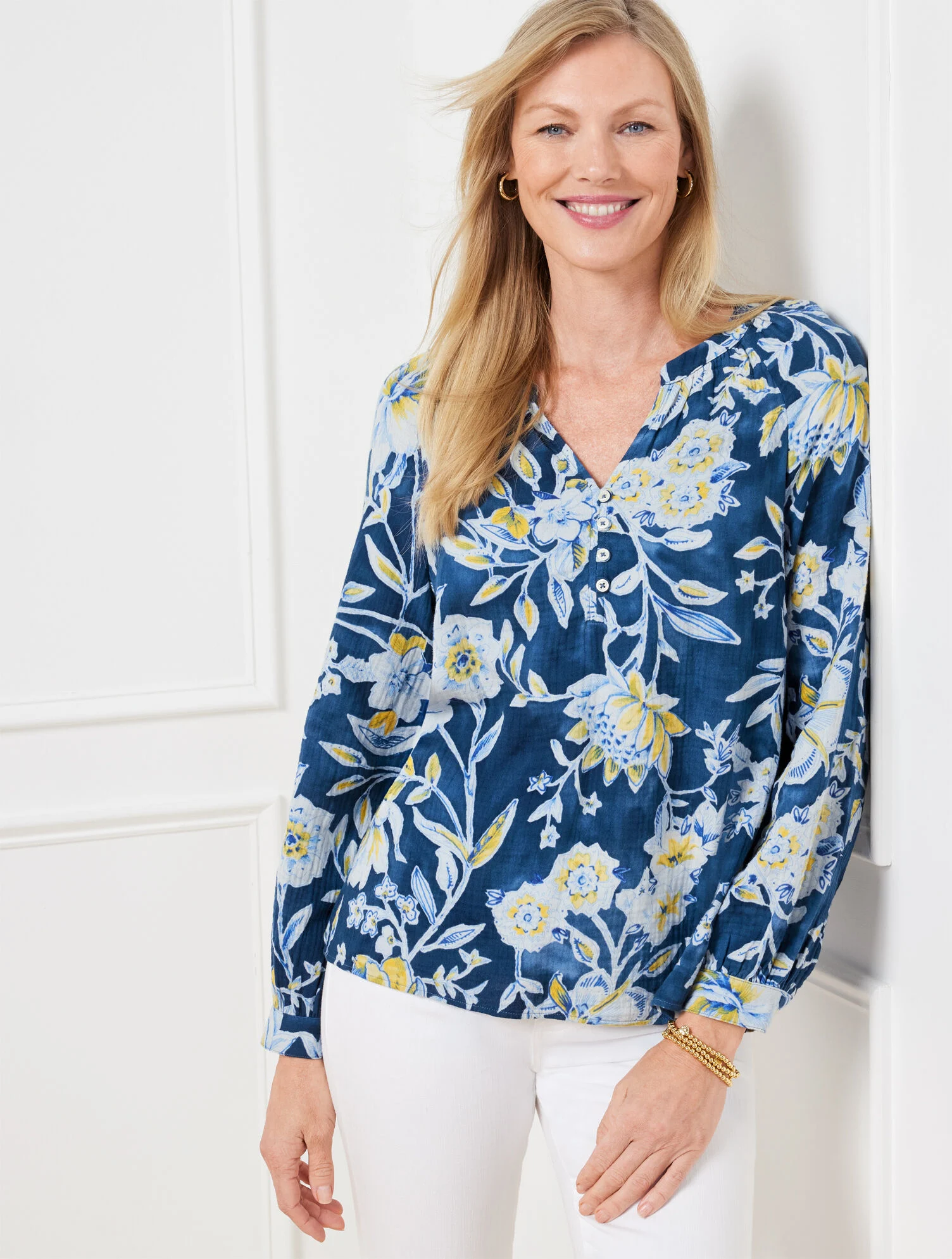 Band Collar Top - Sketched Botanical