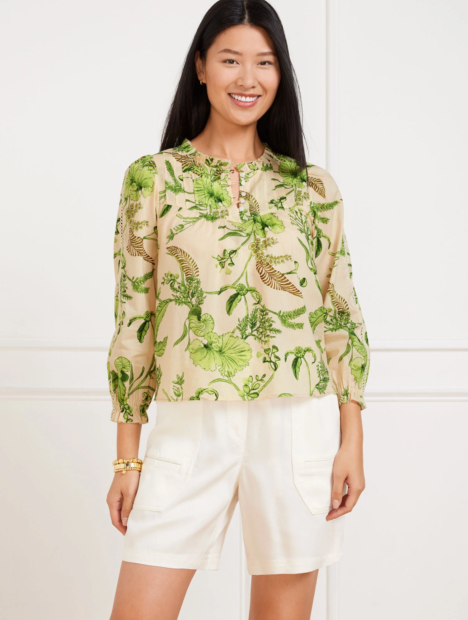 Lace Trim Pintuck Top - Branching Floral