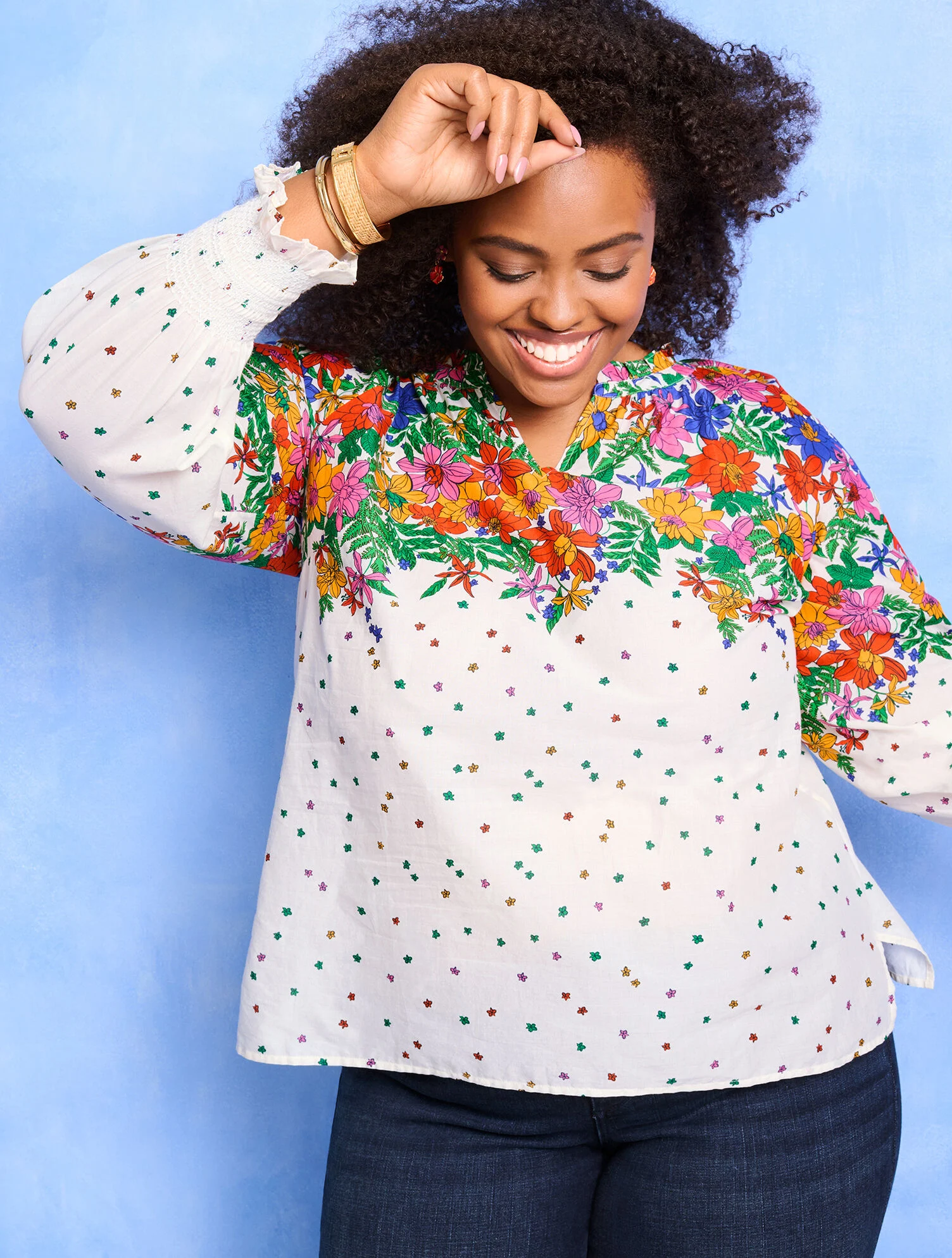 Blissful Floral Smocked Cuff Blouse