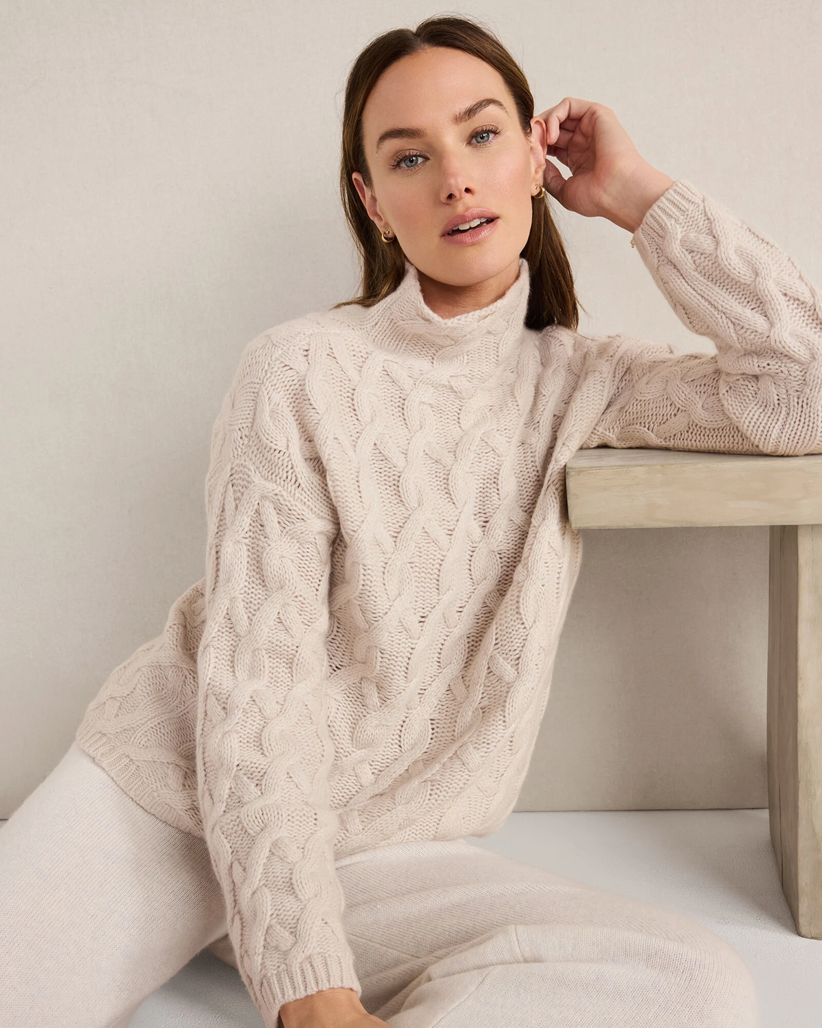 Cashmere Allover Cable Mockneck Sweater