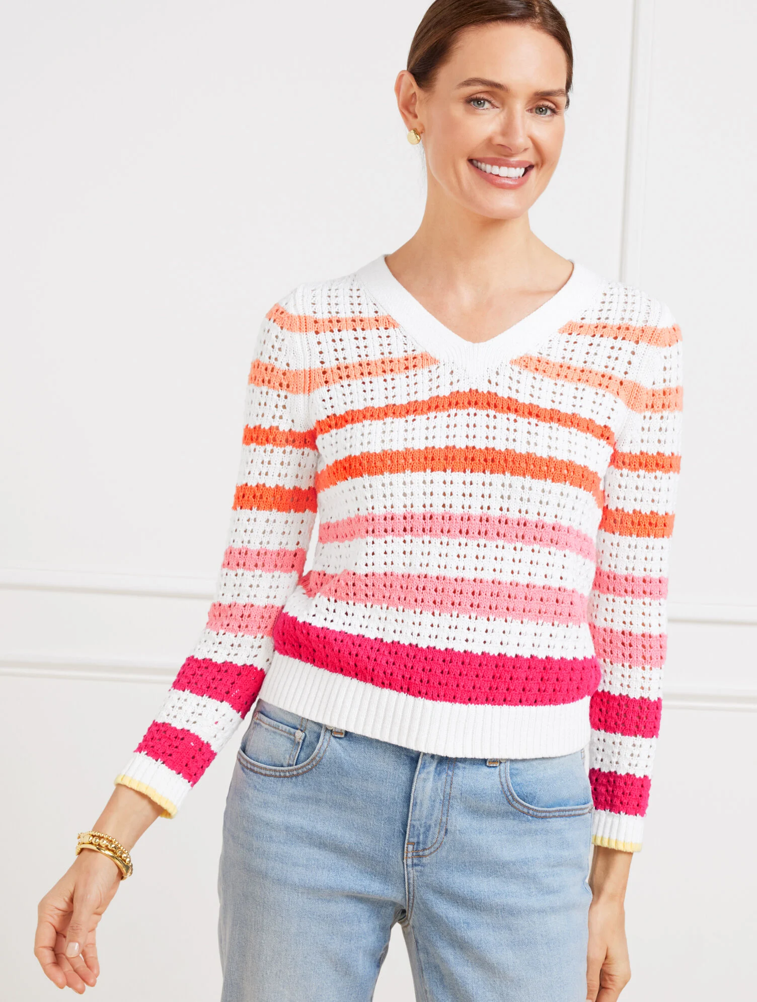 Open Stitch V-Neck Pullover - Multi Stripe