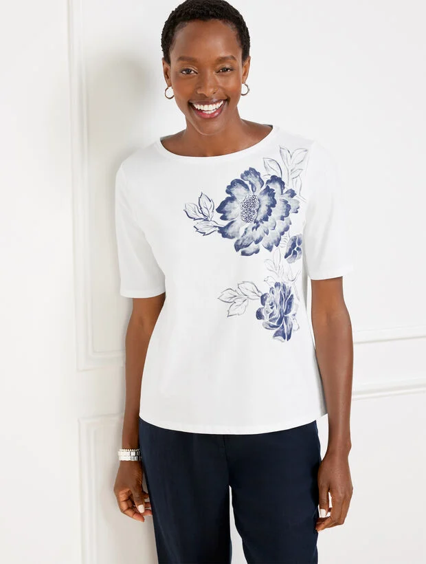 Elbow Sleeve Bateau Neck Tee - Bold Floral