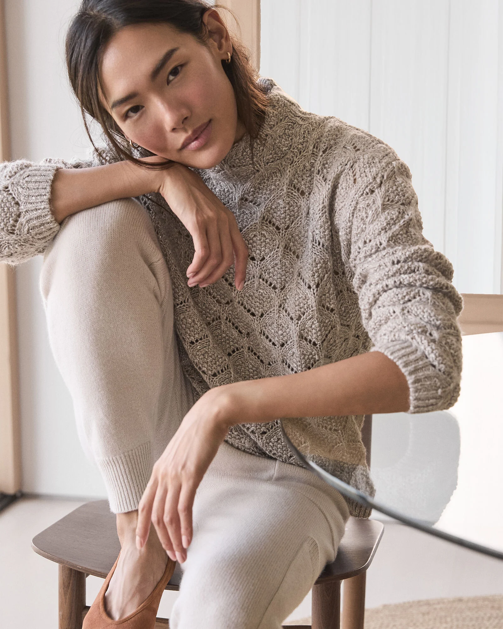 Lurex Blend Pointelle Crewneck Sweater